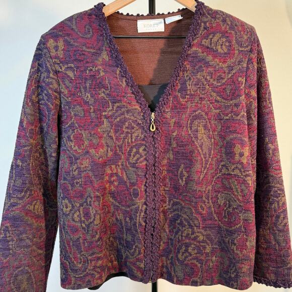 Koret Zip Front Tapestry Knit Jacket Purple Red Paisley Textured Vintage Chic - Picture 2 of 9